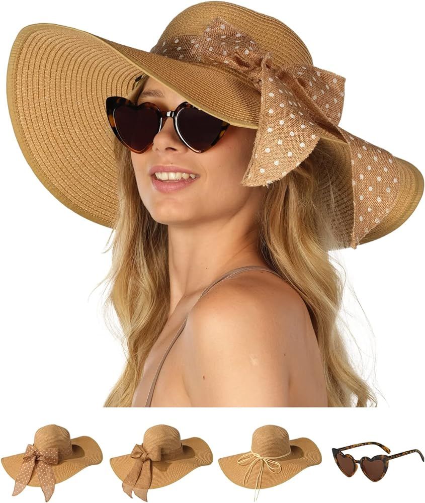Funcredible Straw Sun Hats for Women - Floppy Beach Hats - Packable Wide Brim Summer Hat with Bow... | Amazon (US)