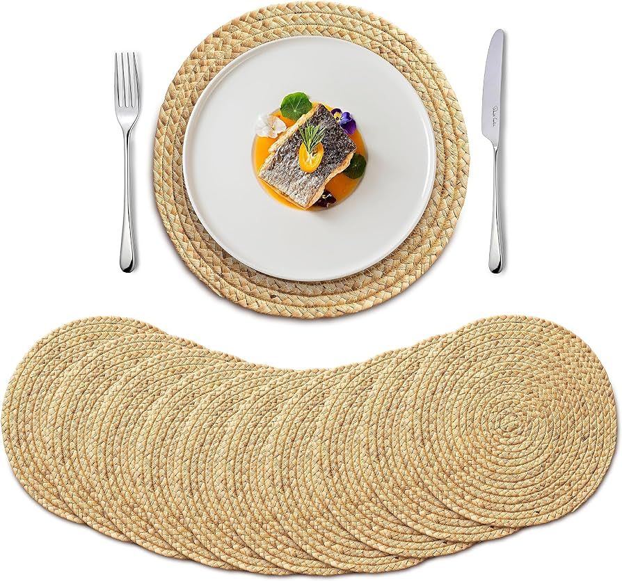 BLUEWEST Woven Placemats, 13" Round Placemats Rattan Placemats (Pack 10) Wicker Water Hyacinth Placemats, Braided Placemats Set, Heat Resistant/Anti-Slip/Durable for Dinner Plate, Dining Table | Amazon (US)