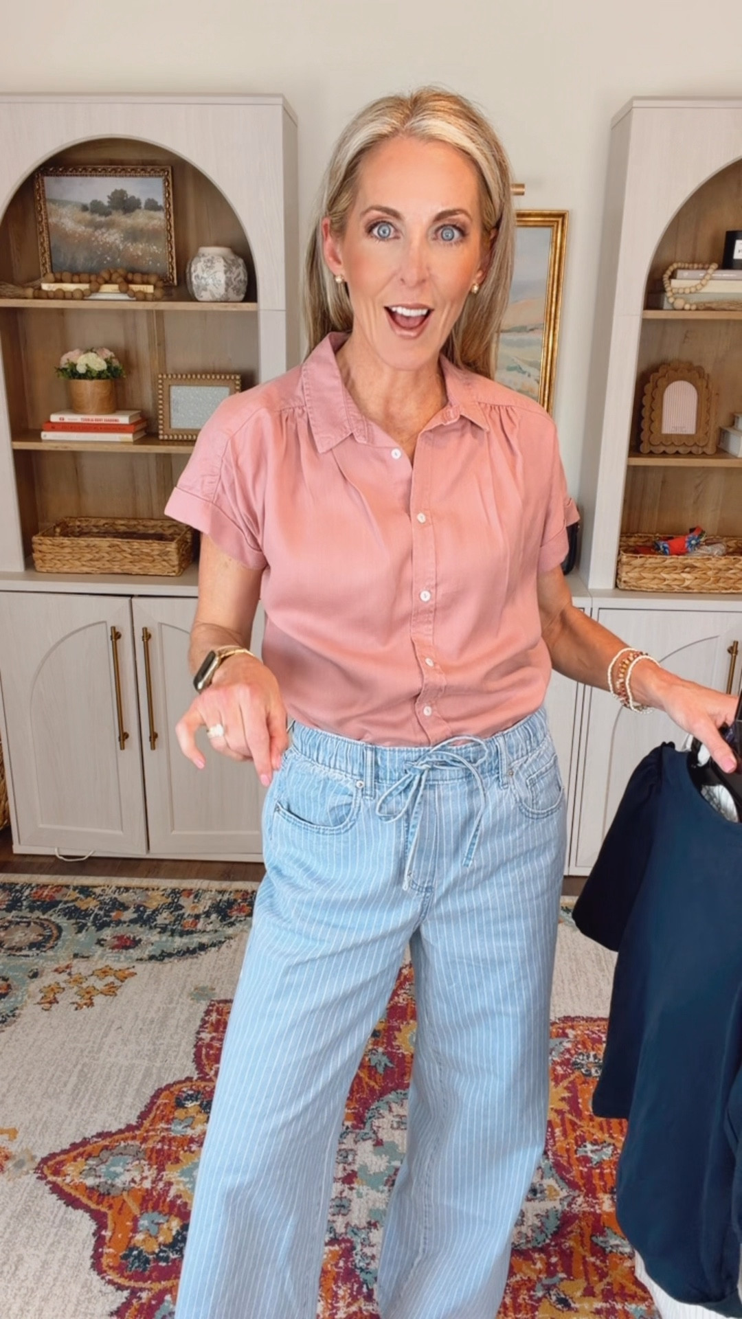 One of the biggest spring trends is here and it’s easy, flattering, and under $30. These pull on elastic waist jeans with the subtle indigo stripe are such a good throw-on-and-go pant for spring and summer. I also linked two solid color options, and every top styled with them is under $30 too, so you can switch it, change it, and rearrange it so many different ways. Wearing an extra small in all.

Comment PANTS and I’ll send you all the links.
