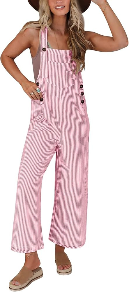 PRETTYGARDEN Overall Jumpsuit For Women 2024 Summer Casual Wide Leg Sleeveless Button Striped Jum... | Amazon (US)