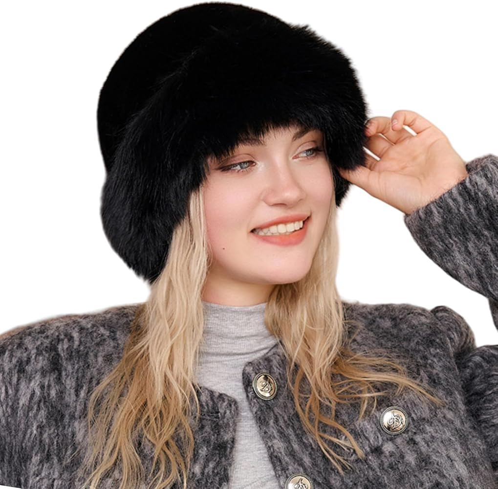 ZGMYC Faux Fur Trimmed Beanie Hats for Women Girls Russian Style Furry Winter Bucket Hats Warm Sk... | Amazon (US)