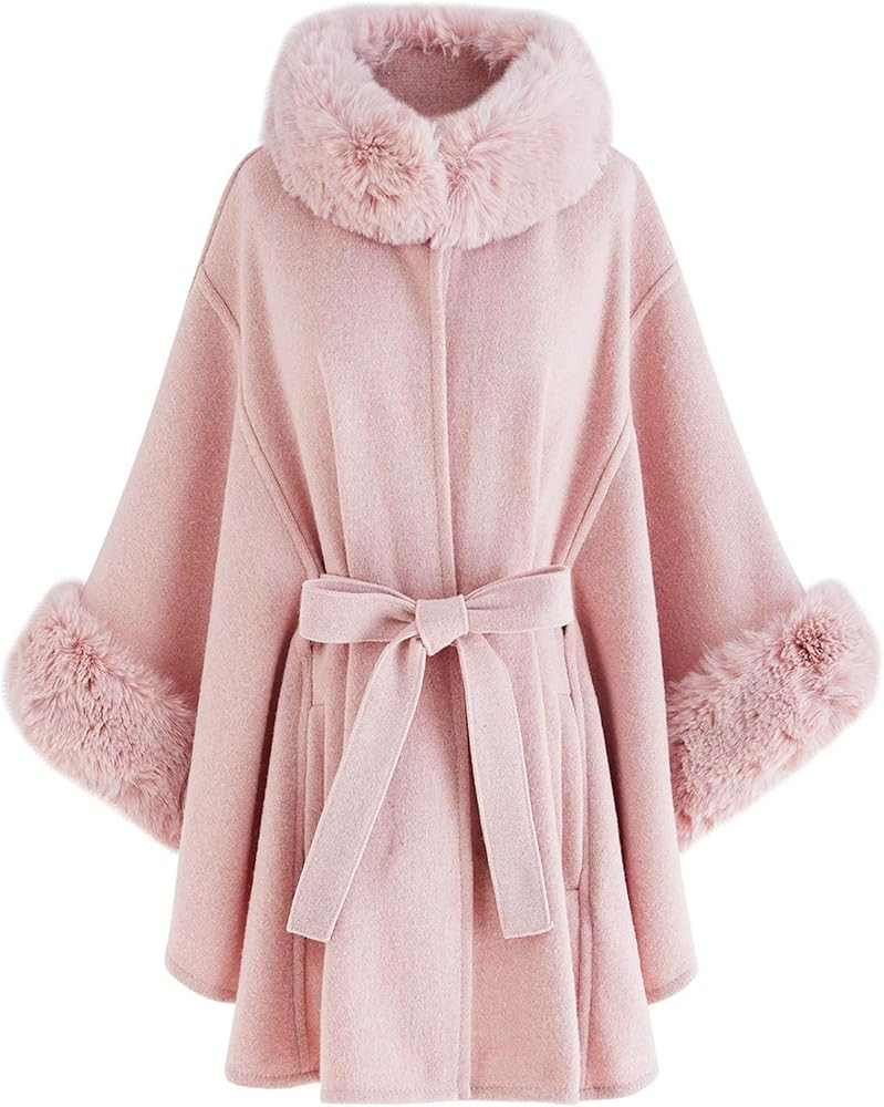 CHICWISH Women's Oatmeal/Grey/Black/Pink Self-Tie Bowknot Faux Fur Poncho | Amazon (US)