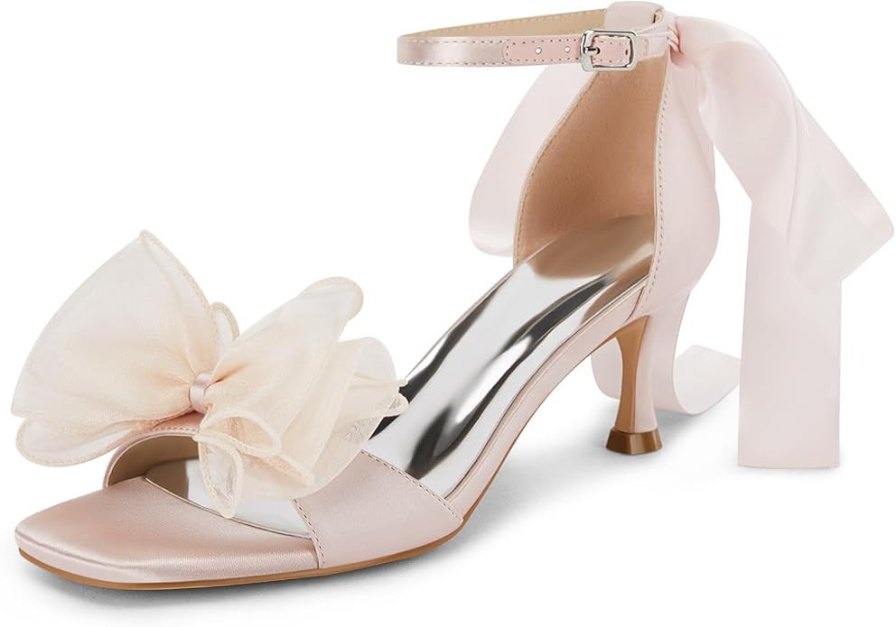 Coutgo Womens Bow Kitten Heels Sandals Square Open Toe Ankle Strap Satin Ribbon Wedding Dress Sho... | Amazon (US)