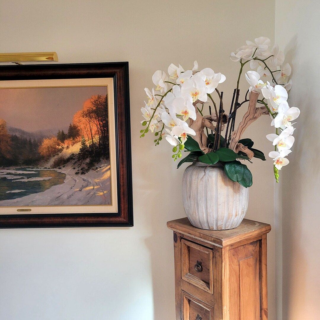 Artificial White Orchid Arrangement in Ceramic Vase | Faux Flowers | Floral Arrangement | Housewa... | Etsy (US)