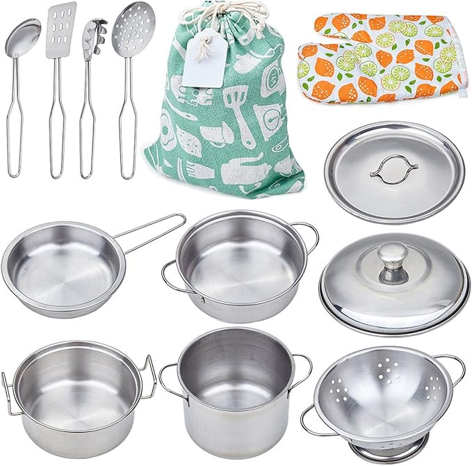 Play Pots and Pans Toys for Kids - Kitchen Playset Pretend Cookware Mini Stainless Steel Cooking ... | Amazon (US)