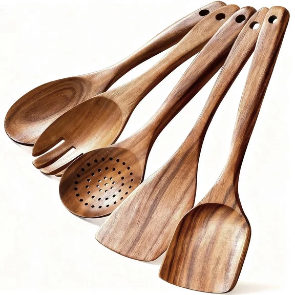 5-Piece Wooden Cooking Utensils Set – Natural Teak Kitchen Tools for Nonstick Cookware, Heat-Re... | Walmart (US)