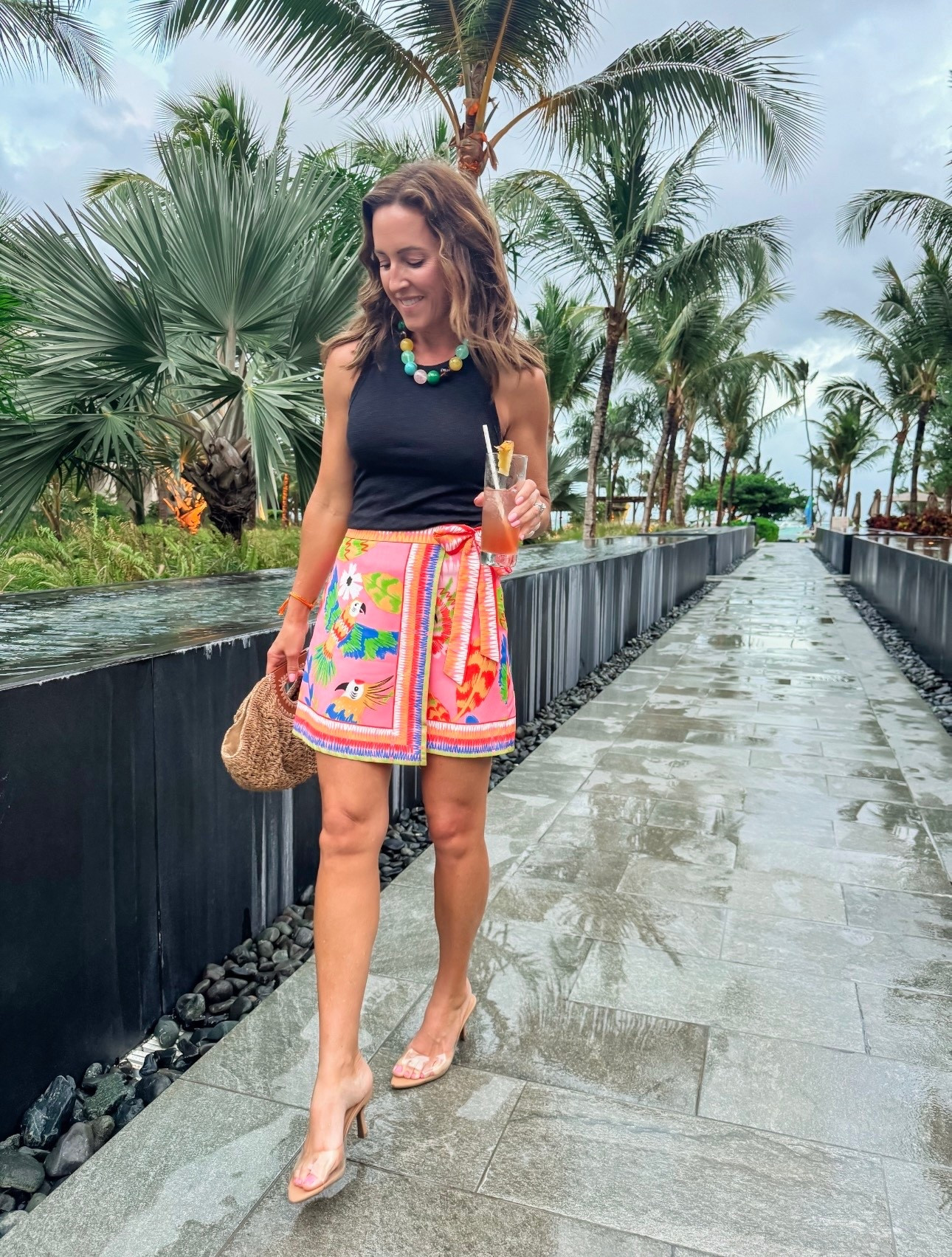 A little tropical rain tonight 
But still bringing the bright colors. 
My necklace color: multi 
Small skirt 
XS tank


#LTKTravel #LTKootd