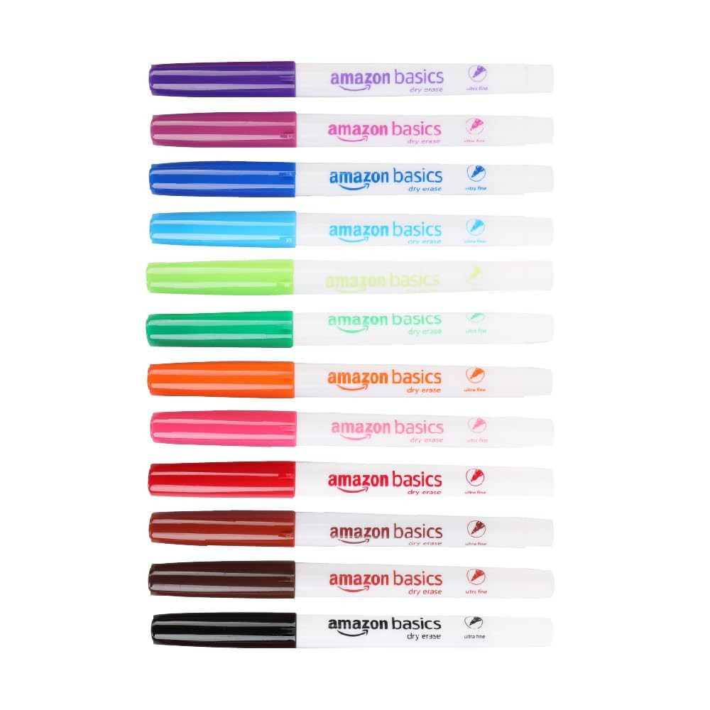 Amazon Basics Low Odor Ultra Fine Tip Dry Erase White Board Markers, Assorted Colors, 12-Pack | Amazon (US)