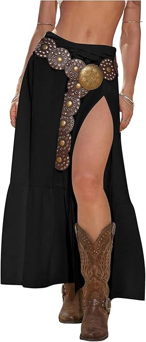 SHENHE Women's Boho Western Low Rise Maxi Skirt Ruffle High Slit Country Cowgirl Skirts | Amazon (US)