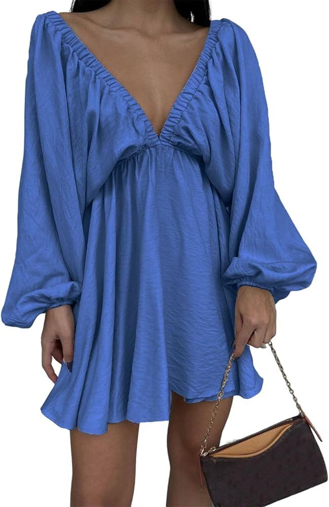 LOFAAC 2024 Women Sexy Deep V Neck Puff Long Sleeve Mini Dress Backless High Waist Ruffle Short D... | Amazon (US)