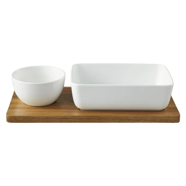 Better Homes & Gardens Ceramic Chip Dip Bowl with Acacia Tray, Natural Wood Color, 13.5x6.5x2.99 ... | Walmart (US)