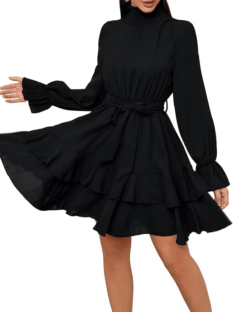 SweatyRocks Women's Elegant High Neck Flounce Sleeve High Waist Ruffle Belted Party Mini Dress | Amazon (US)