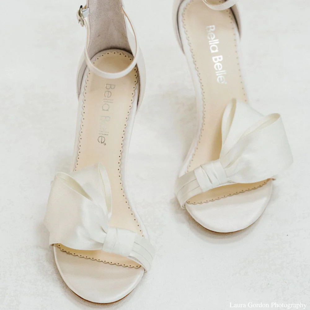 Ivory Block Heel Wedding Shoes with Asymmetrical Bow | Bella Belle Shoes
