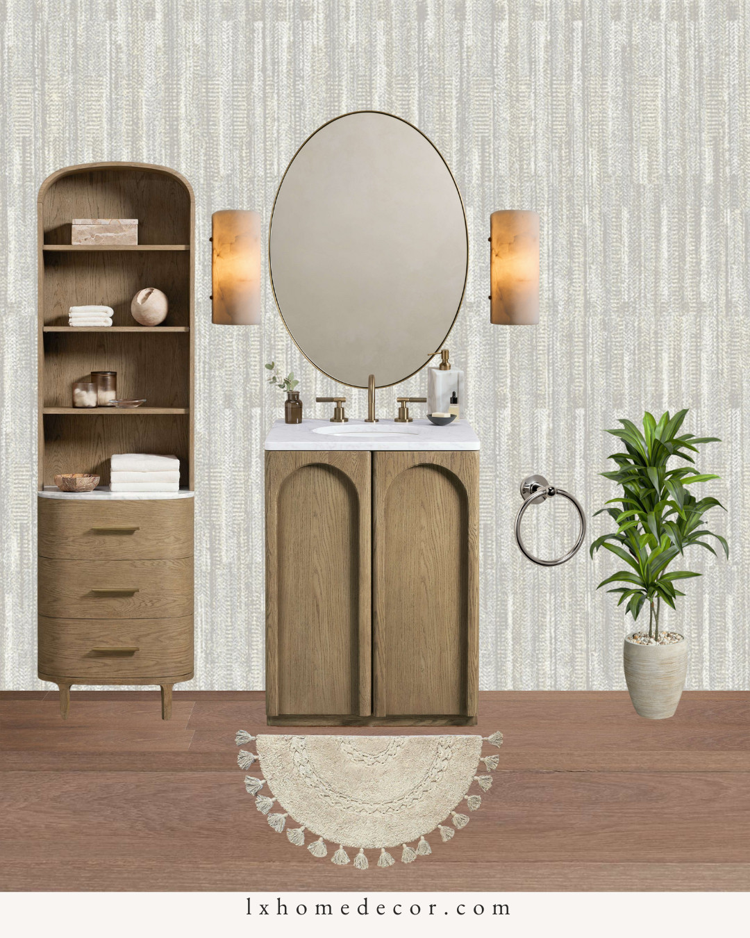 I’m loving the calm, spa-like vibes of this bathroom setup! The arched wood vanity and matching tall cabinet give so much character without making the space feel cluttered. I paired them with an oval gold mirror and some warm stone sconces to keep everything feeling soft and glowy. That cute tassel bath mat is the perfect finishing touch to add a bit of texture. If you’re looking to upgrade your small bathroom or powder room, these pieces are a total game changer!

 #bathroomdesign #homedecor #organicmodern #interiordesign #neutralhome 

 #LTKHome #LTKSaleAlert #LTKFindsUnder50