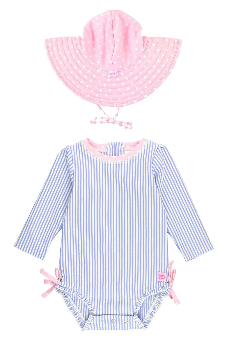 RuffleButts Seersucker One-Piece Rashguard Swimsuit & Hat Set | Nordstrom | Nordstrom