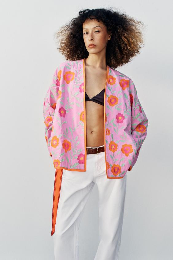 Zara - Floral Embroidered Belted Kimono - Pink - L-Xl - Woman | Zara Canada