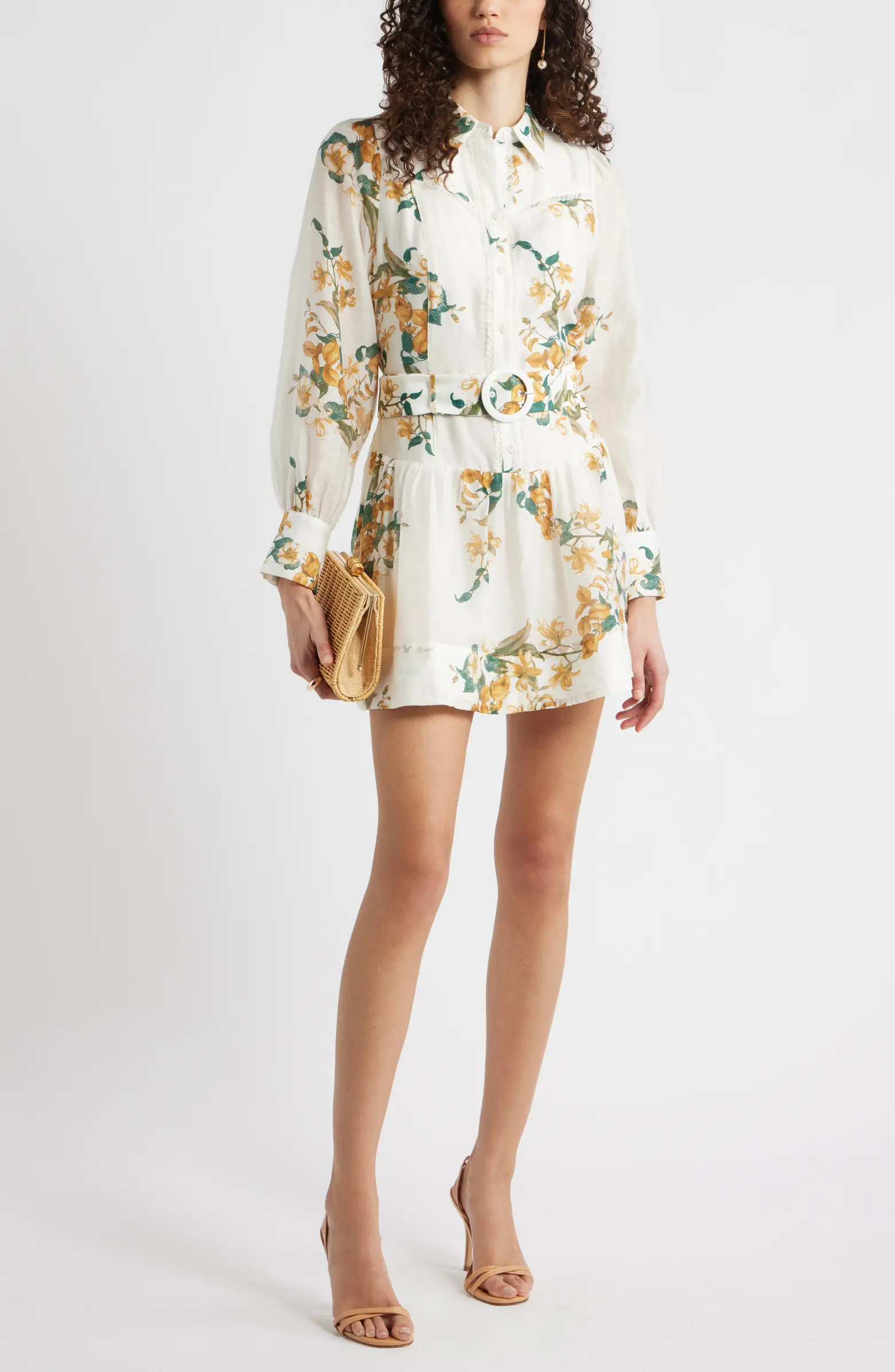 Lace Trim Belted Long Sleeve Mini Shirtdress | Nordstrom
