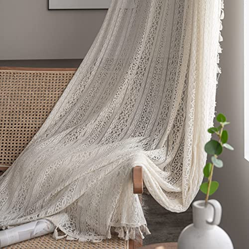 WAZZIO Boho Lace Curtains for Bedroom 96 inch Long 2 Panel Sets, Bohemian Farmhouse Vintage Crochet Sheer Curtains Privacy Curtain Living Room Light Filtering Tassel Drapes,Beige | Amazon (US)