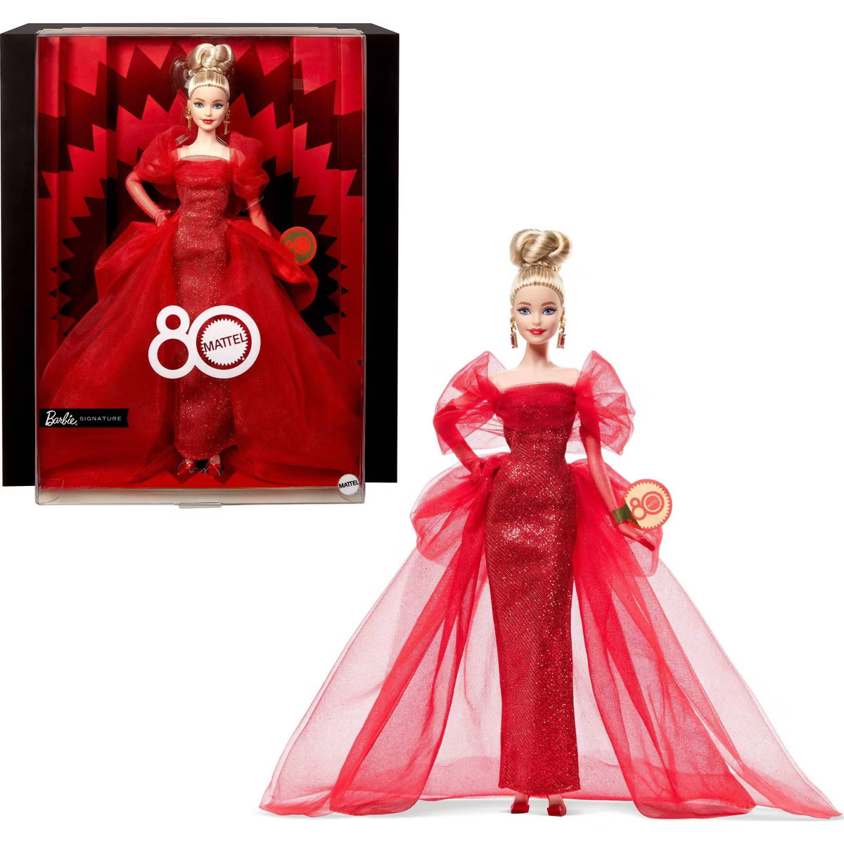 Barbie Signature 11.5" Collectible Doll for Mattel 80th Anniversary, Glittery Red Tulle Gown with... | Target