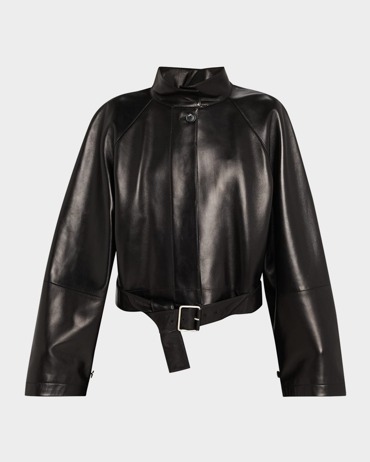 High-Neck Leather Belted Crop Trench Jacket | Neiman Marcus