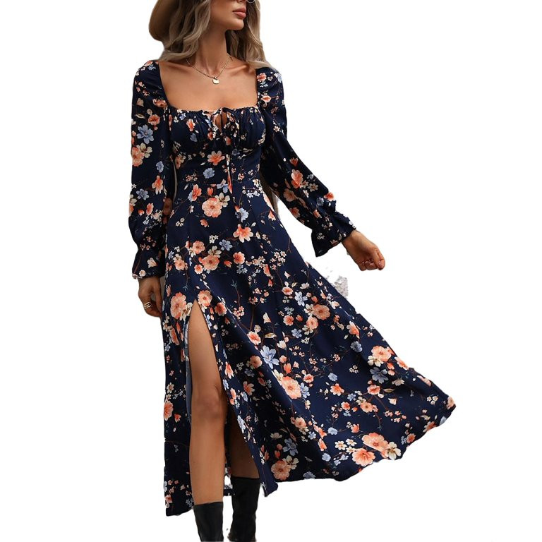 Boho All Over Print Square Neck A Line Dress Long Sleeve Navy Blue Women's Dresses (Women's) M | Walmart (US)
