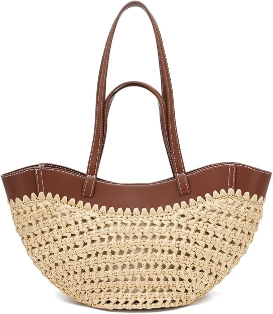 Straw Tote Bag for Women, Woven Summer Beach Bag with Leather Trim & Double Straps, Handmade Mesh... | Amazon (US)