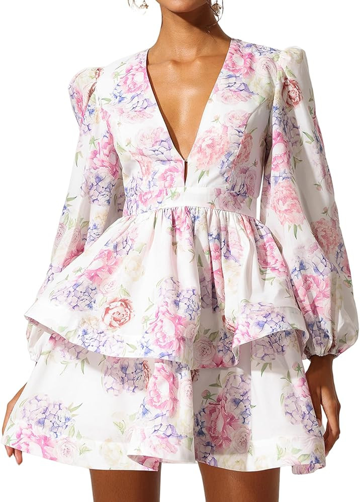 Deep V Tiered Dress Women Long Sleeves Puffy Mini Floral Printed Birthday Summer | Amazon (US)