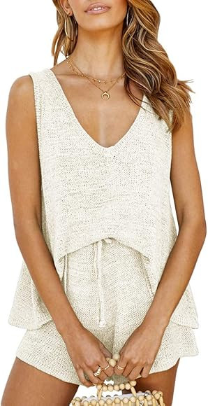 Womens Summer 2 Piece Outfits Sexy Sheer Romper Stripe Jumpsuit Casual Strappy Tie Waisted Beach ... | Amazon (US)