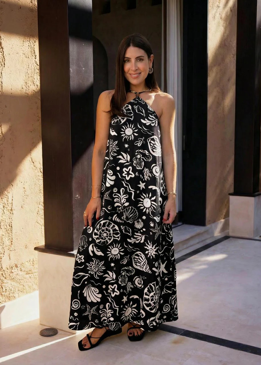 HALTER SHELL PRINT DRESS - BLACK | WAT The Brand