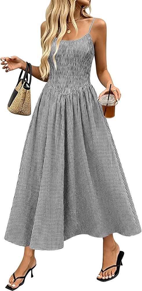 Relipop Women's Summer Midi Dresses 2026 Casual Plaid Sleeveless Spaghetti Strap Smocked Tiered B... | Amazon (US)