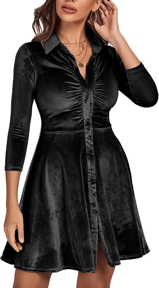 LYANER Women's Sexy Velvet Ruched V Neck Button Down Long Sleeve A-Line Flare Mini Dress | Amazon (US)