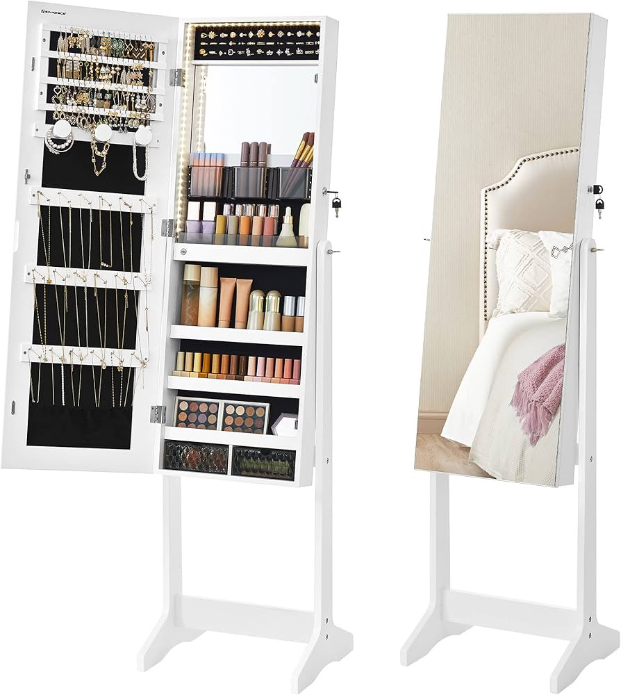 SONGMICS Mirror Jewelry Cabinet Standing Armoire Organizer, Jewelry Storage with Full-Length Fram... | Amazon (US)