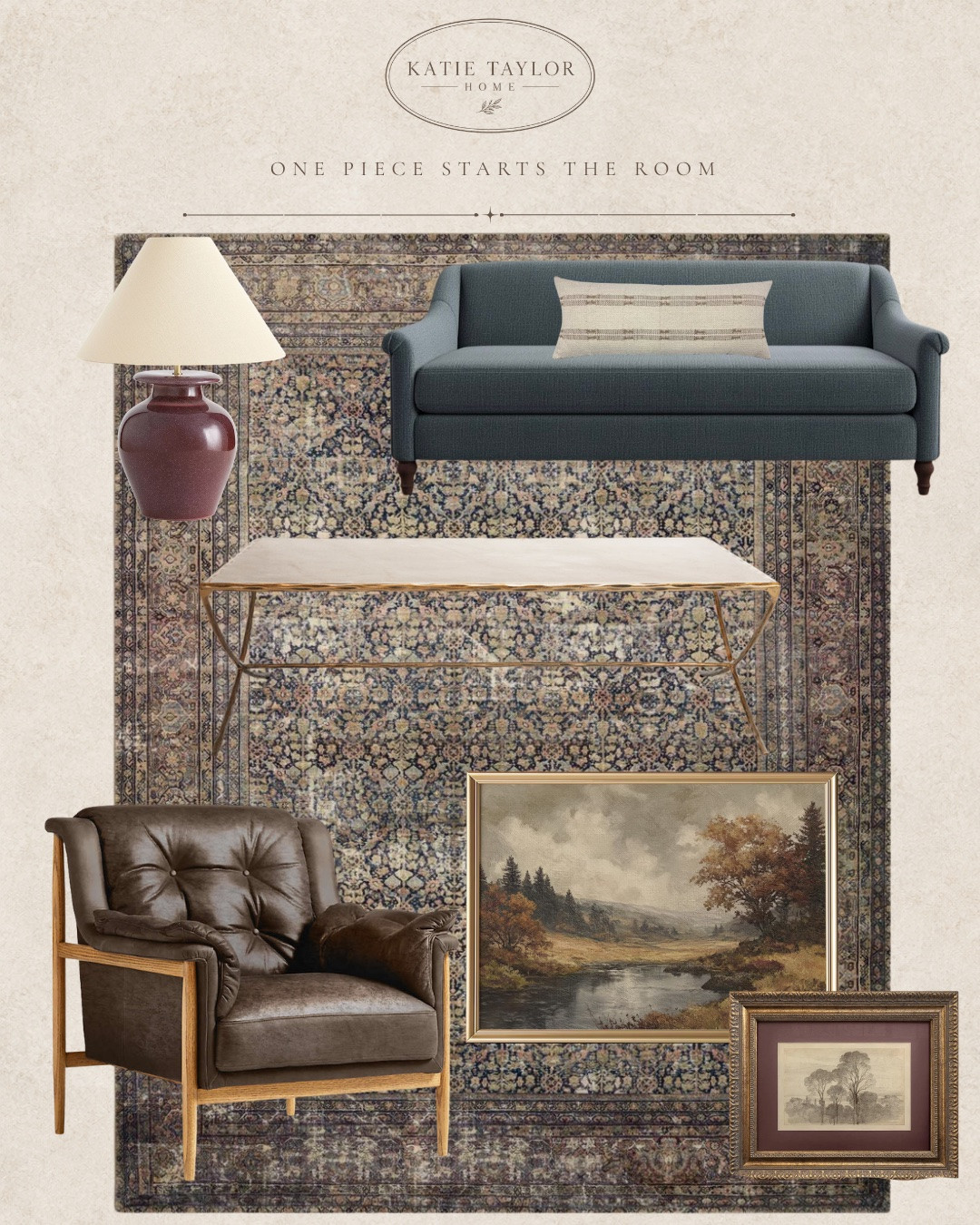 Sometimes the hardest part of decorating a room is simply knowing where to start.

For this one, I started with the rug. 
Its faded blues, warm browns, parchment tones and tiny touches of muted color gave me a direction for everything that came next.

Instead of trying to find pieces that matched it exactly, I pulled from different parts of the rug—the smoky blue for the sofa, warm brown for the leather, aged brass and gold, a little burgundy, and softer neutrals to give everything somewhere to rest.

That’s usually when a room starts to feel collected instead of coordinated.

Swipe to see how I’d bring the entire guide together in a room. →

If you’ve been staring at an empty room and trying to choose everything at once, start smaller. 

Find the rug, artwork, textile or lamp you really love first, then let that piece help make the next few decisions for you.

I linked the pieces from my shopping guide below so you can shop the look or use it as inspiration for your own room.

#LTKHome