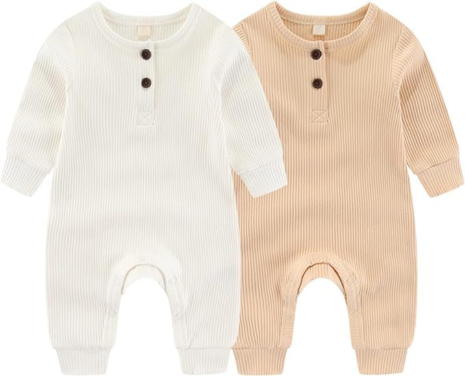 ZAV Solid Unisex Baby Boy Girl Rompers 2 Pack Long Sleeve Jumpsuits Infants Clothes Outfits | Amazon (US)