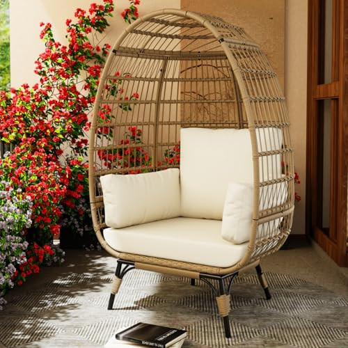 GarveeLife Oversize Rattan Egg Chair Indoor/Outdoor Wicker Egg Basket Lounge Chair Egg-Shaped Chair w/Steel Frame Stand and 4 Cushions for Patio, Porch, Beige | Amazon (US)