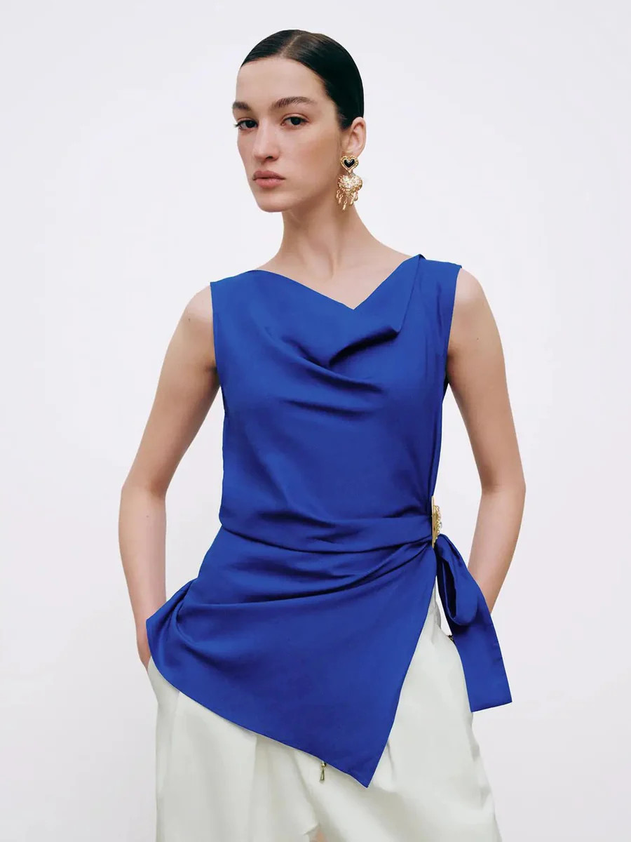 Lyocell Linen Blend Cowl Neck Knot Front Sleeveless Shirt | Urban Revivo
