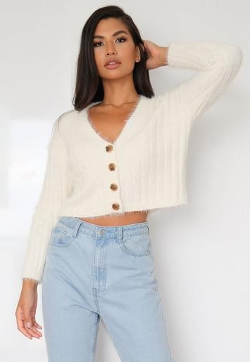 Petite Cream Rib Fluffy Super Cropped Cardigan | Missguided (US & CA)