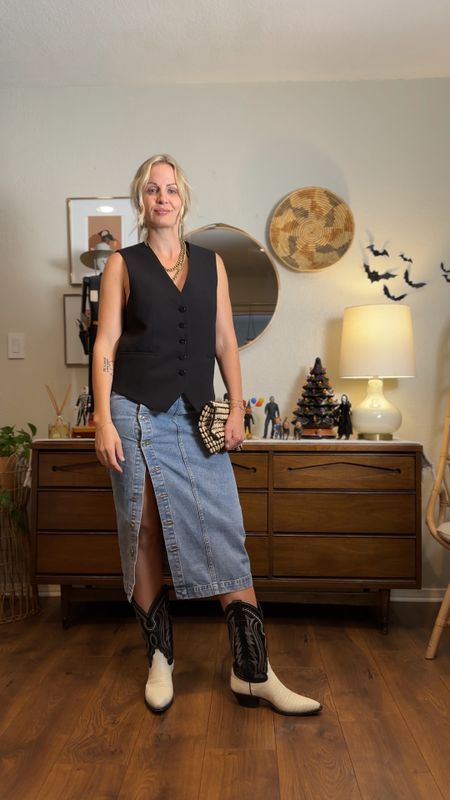 This far I am loving long maxi denim skirts. This one from Amazon is only $40 and it features the cutest buttons along the front. I am carrying it with a vest from ZARA that I will link others. And lastly added my vintage Justin boots for the final touch.

#LTKover40 #LTKworkwear #LTKfindsunder50
