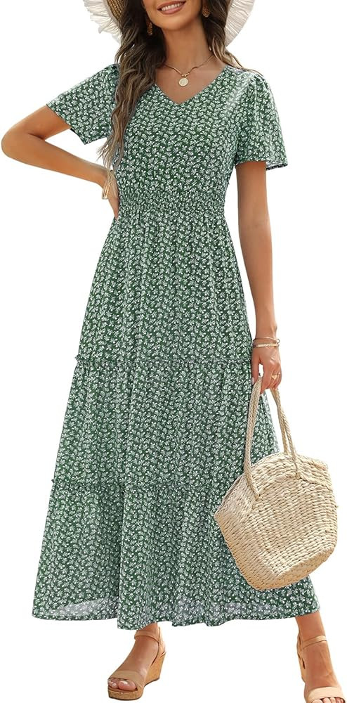 Zattcas Womens 2025 Long Summer Dress Short Flutter Sleeve V Neck Casual Smocked Tiered Modest Fl... | Amazon (US)