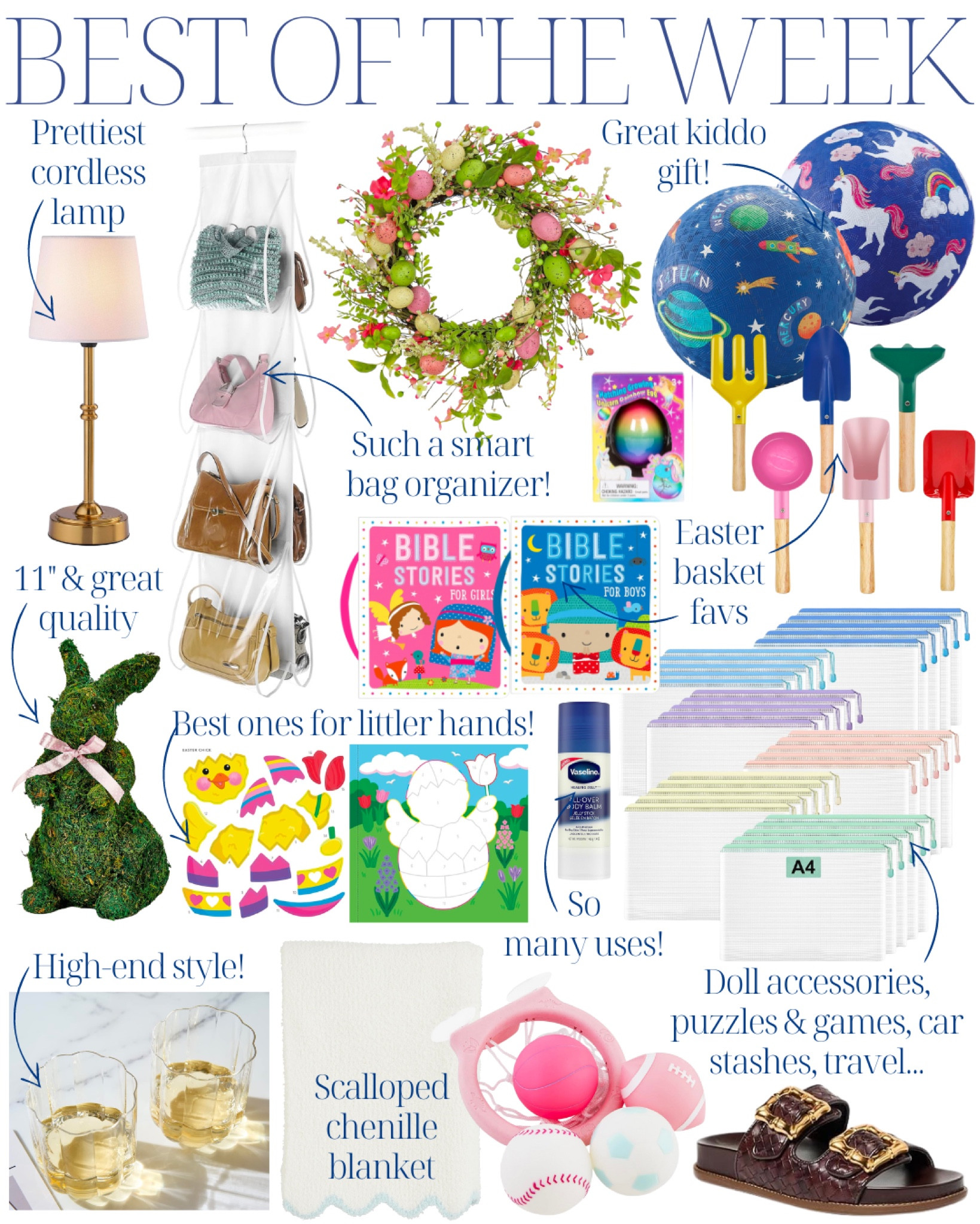 Best of the week | cordless brass lamp | hangbag file | bible stories | garden tools for kids | Easter wreath | Vaseline stick | rainbow egg | sports bath toy set | moss Easter bunny | scallop blanket | rubber play ball | vintage highball glass | sticker book | mesh zipper pouches | woven sandals 

#LTKfamily #LTKkids #LTKhome