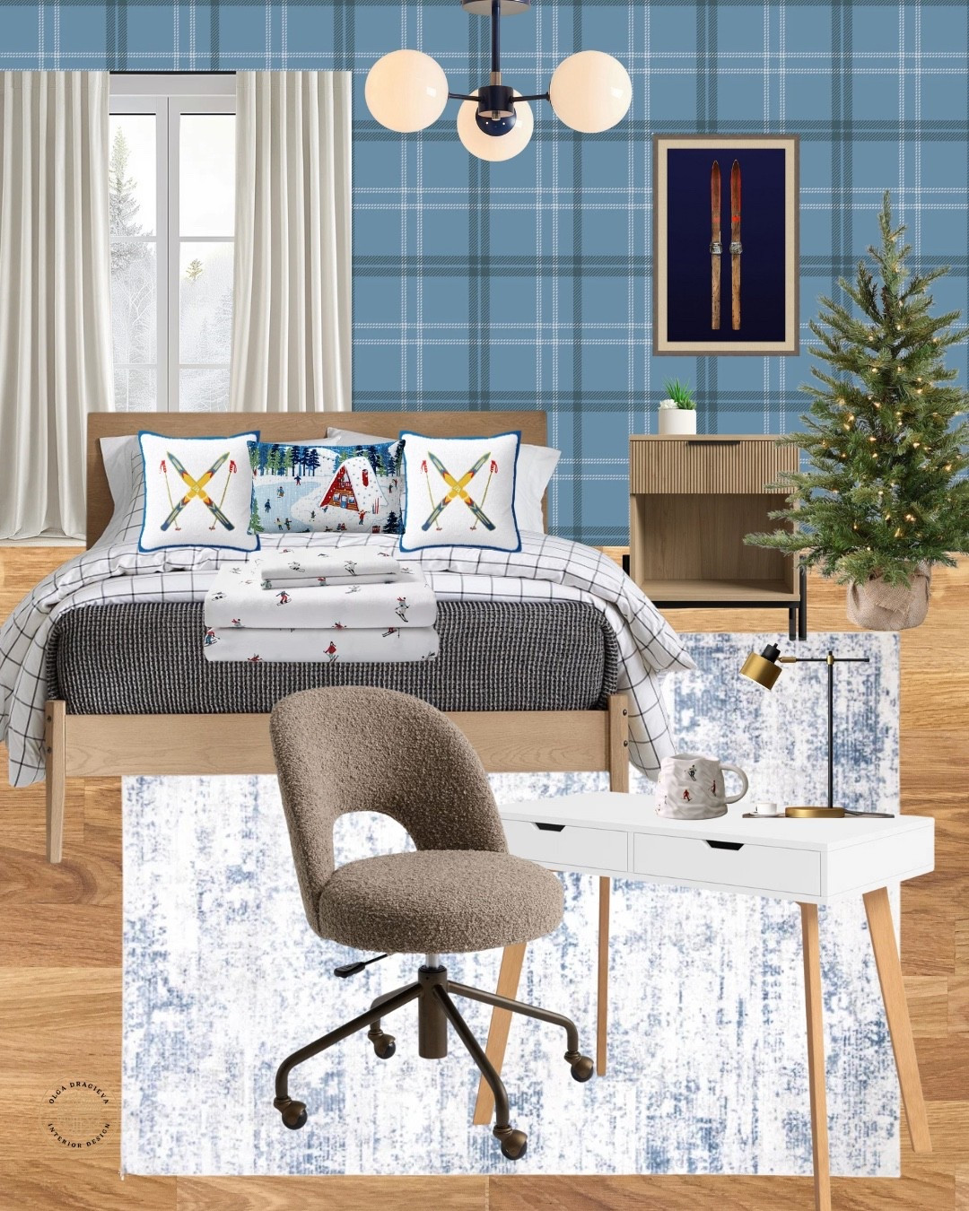 Fun and affordable teen boy room design/mood board. Abstract rug, white affordable desk, boucle desk chair, nightstand, affordable bed, ski art, neutral curtains. #college #boysroom

#LTKKids #LTKHoliday