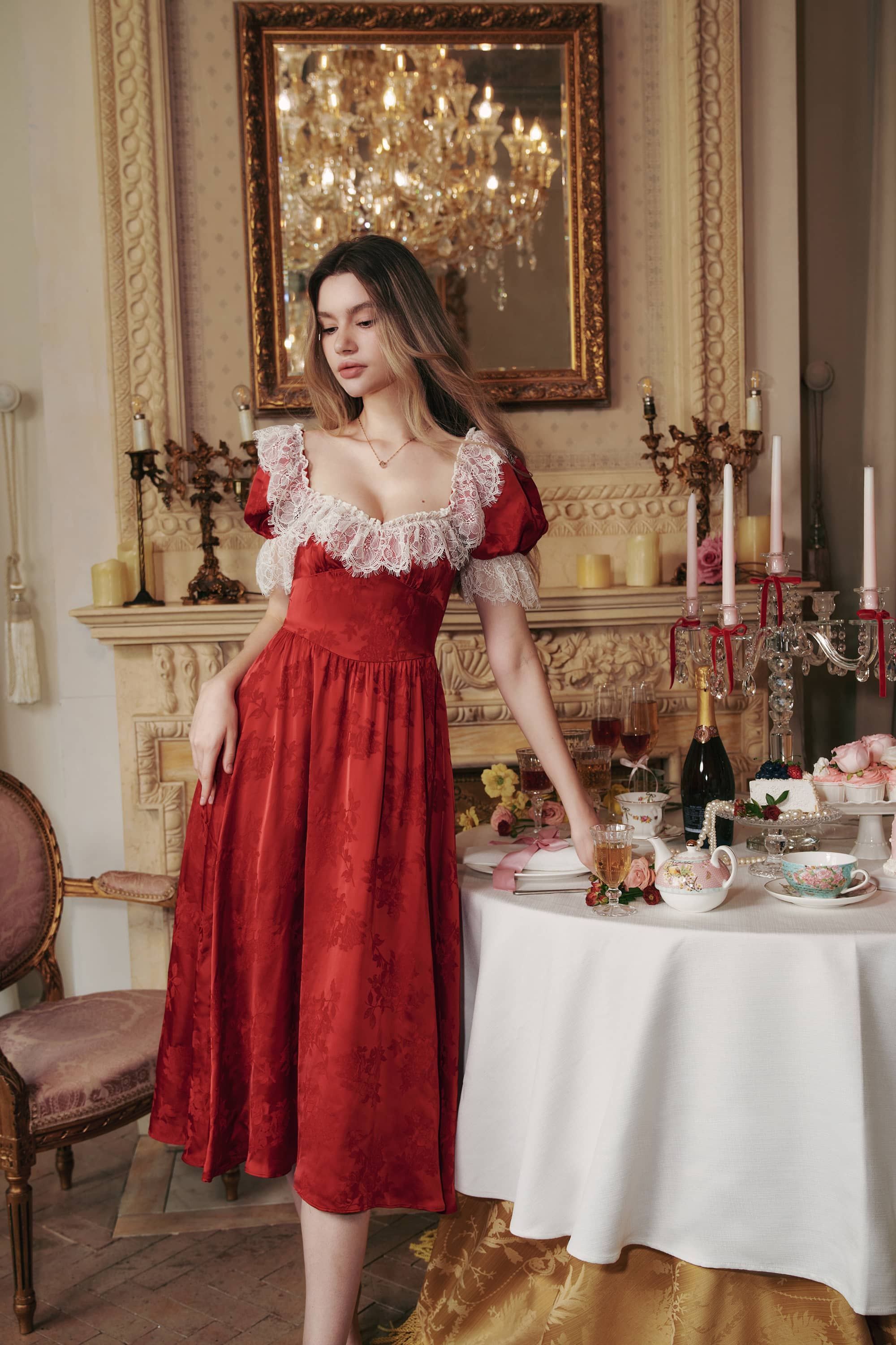 Elizabeth Jaquared Satin Midi Dress in Ruby Red | American Heiress