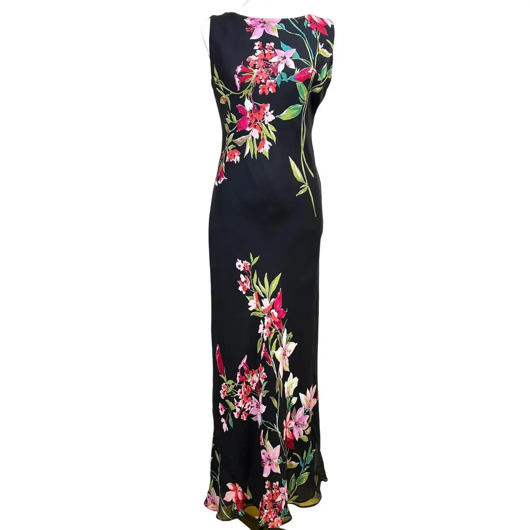 VTG Silk Mannequinest 90s USA Black Floral Bias Cut Maxi Dress Gown Size L - Etsy | Etsy (US)