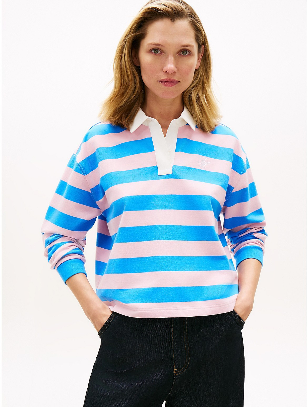 Tommy Hilfiger Women's Stripe Rugby Polo T-Shirt - Pink - S | Tommy Hilfiger (US)