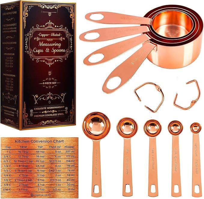 Copper-plated Measuring Cups & Spoons Set of 9 + Premium Design Gift Packaging + Cooking Conversi... | Amazon (US)