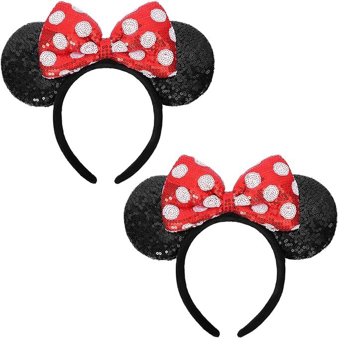 UNSPAZ Mouse Ears Headbands, 2 PCS Classic Mouse Ears for Women Girls, Red Bow Headbands for Cosp... | Amazon (US)