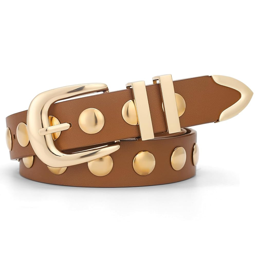 Women Studded Belt for Jeans Dress Fashion Punk Leather Belt Black Belt With Gold/Silver Buckle W... | Amazon (US)