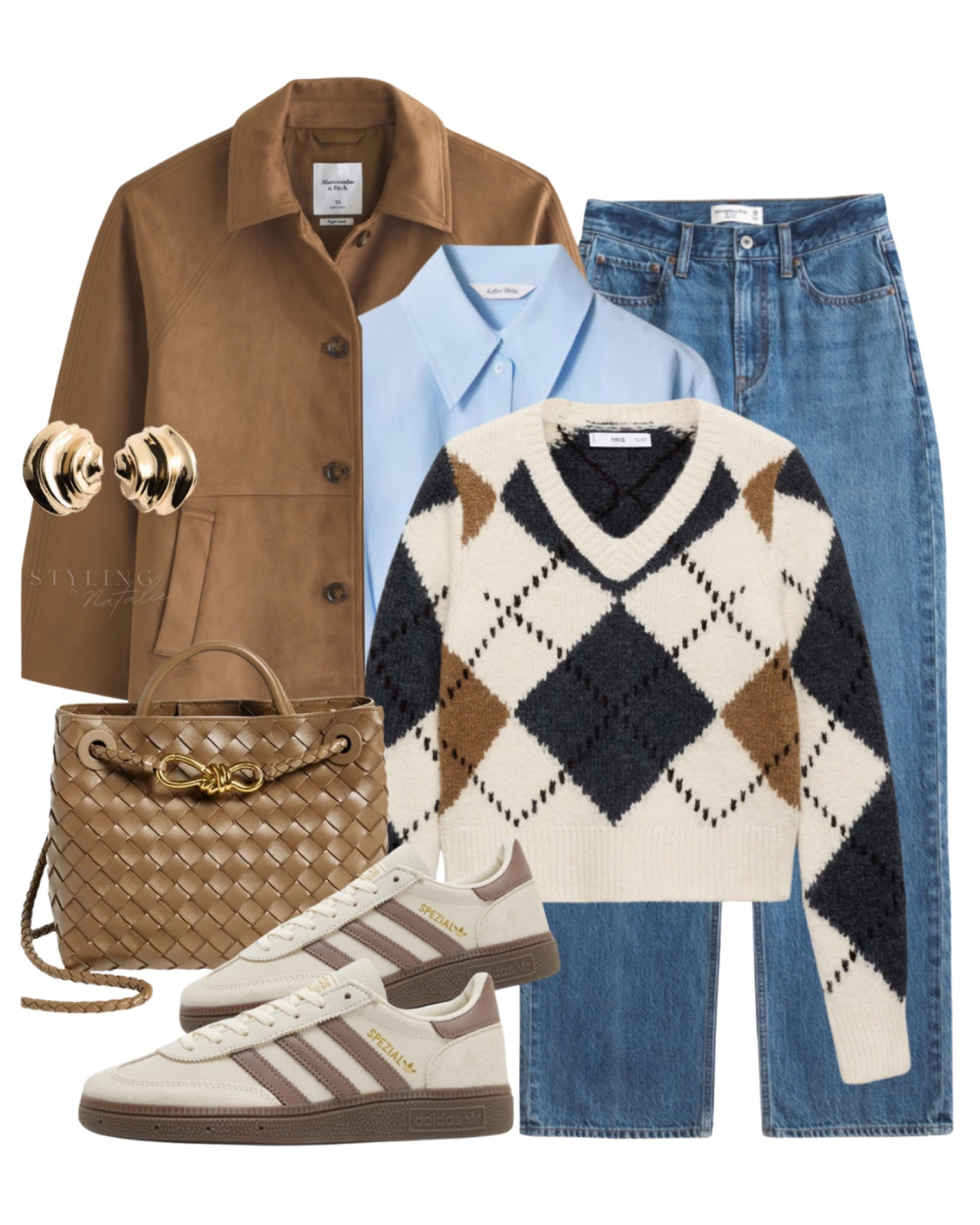 Suede jacket, tapered blue shirt, argyle print v neck jumper, high waisted jeans, adidas Spezial trainers & bottega tote bag. Everyday outfit, spring outfit, jackets, casual chic.

#LTKeurope #LTKspring #LTKstyletip
