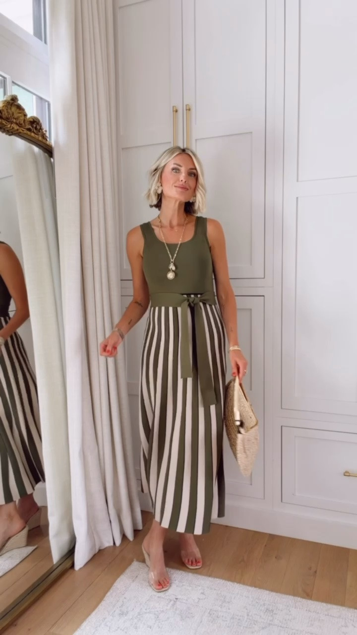 This Ann Taylor pleated dress! I love the tie waist for feminine detail and this color is so good for year round wear. On sale for 30% off. Wearing XS

Loverly grey, Ann Taylor, green and white dress, square neck sweater dress striped, women’s midi dress

#LTKSeasonal #LTKSaleAlert