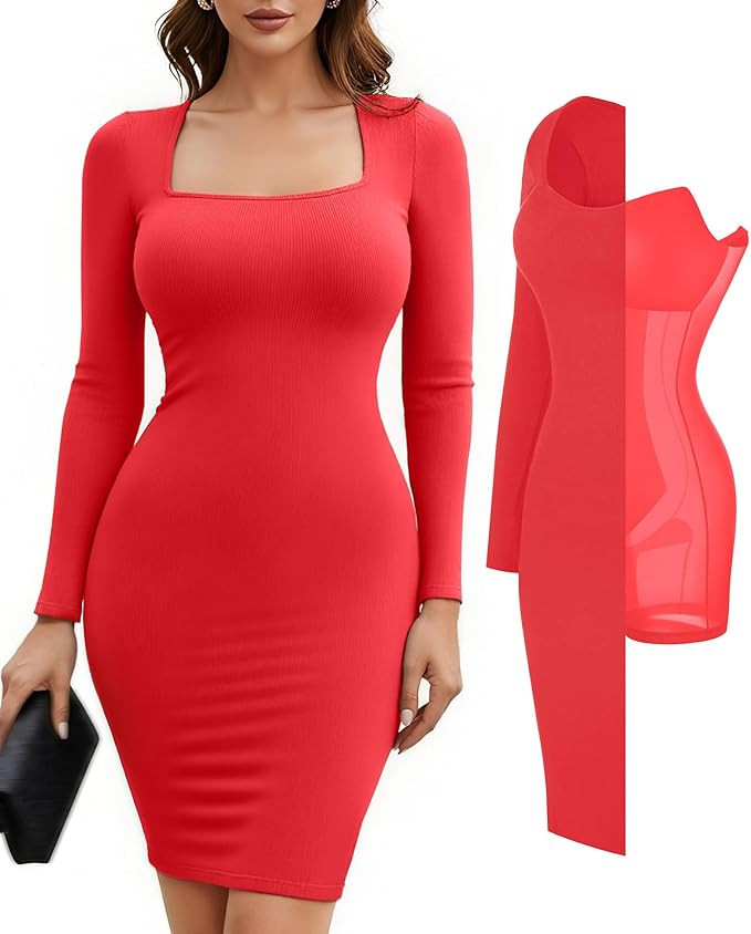 Popilush Dress Long Sleeve Midi Bodycon Dresses for Women Square Neck Shapewear Tummy Control Bui... | Amazon (US)